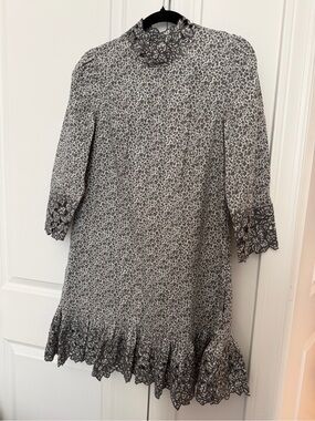 Rebecca Taylor Black and White Floral Lace-Trim Shift Dress